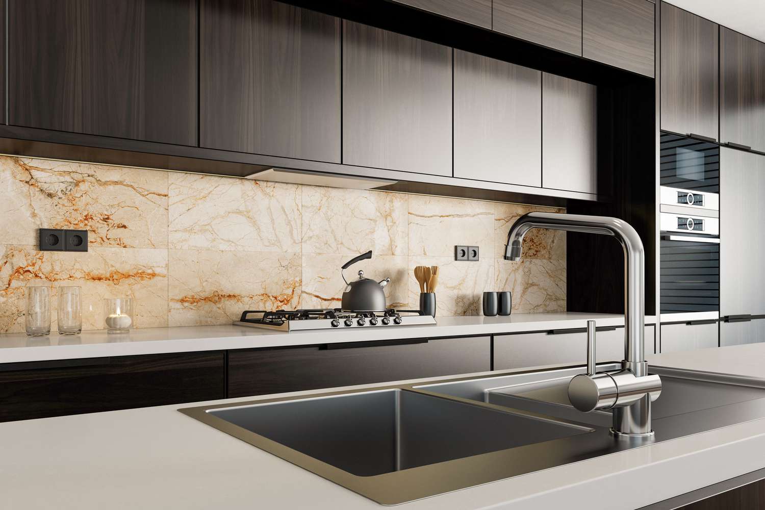 Precisely aligned ceramic tile kitchen backsplash installation