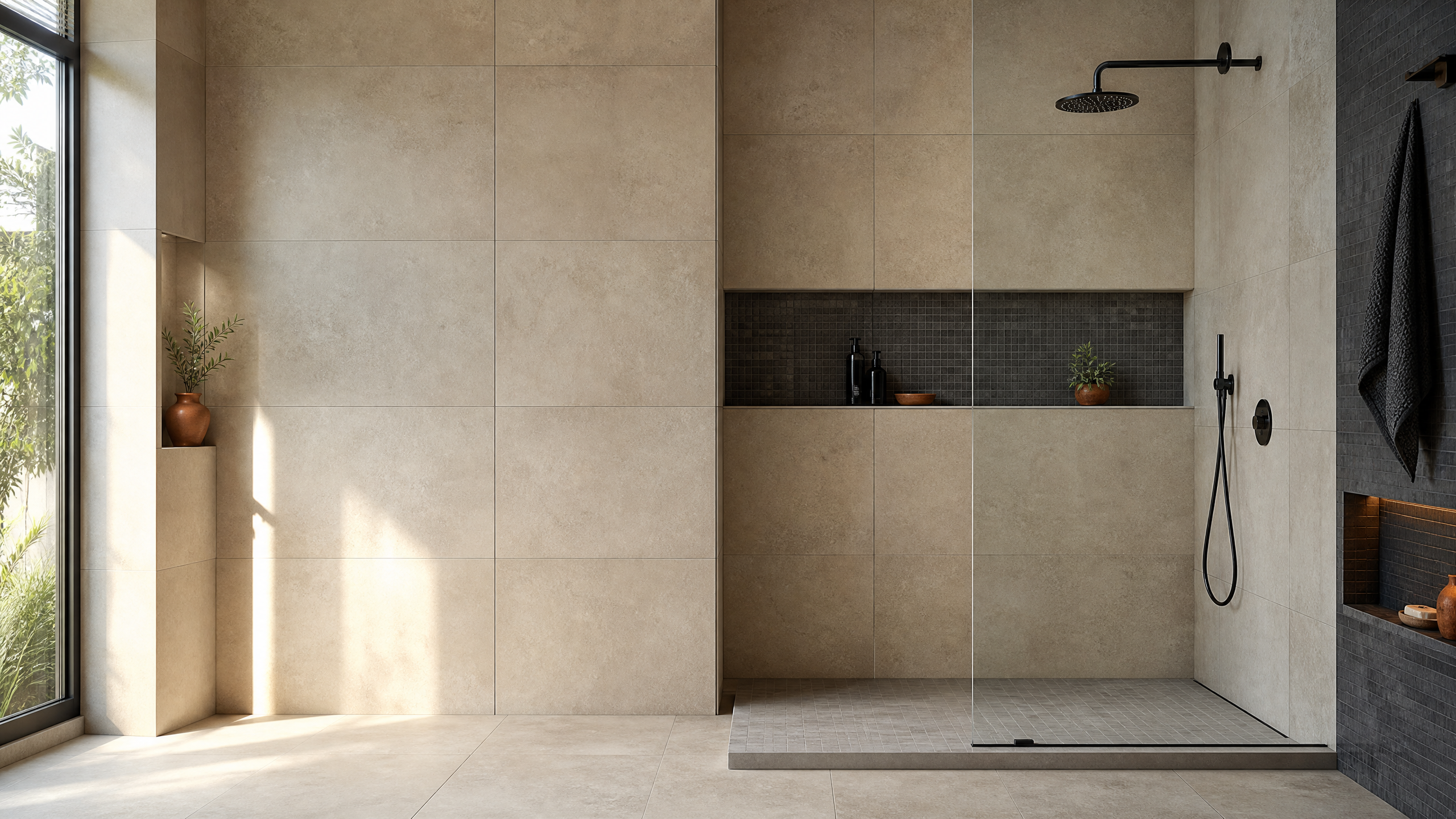 Modern shower with clearly visible large-format porcelain and mosaic tile installation