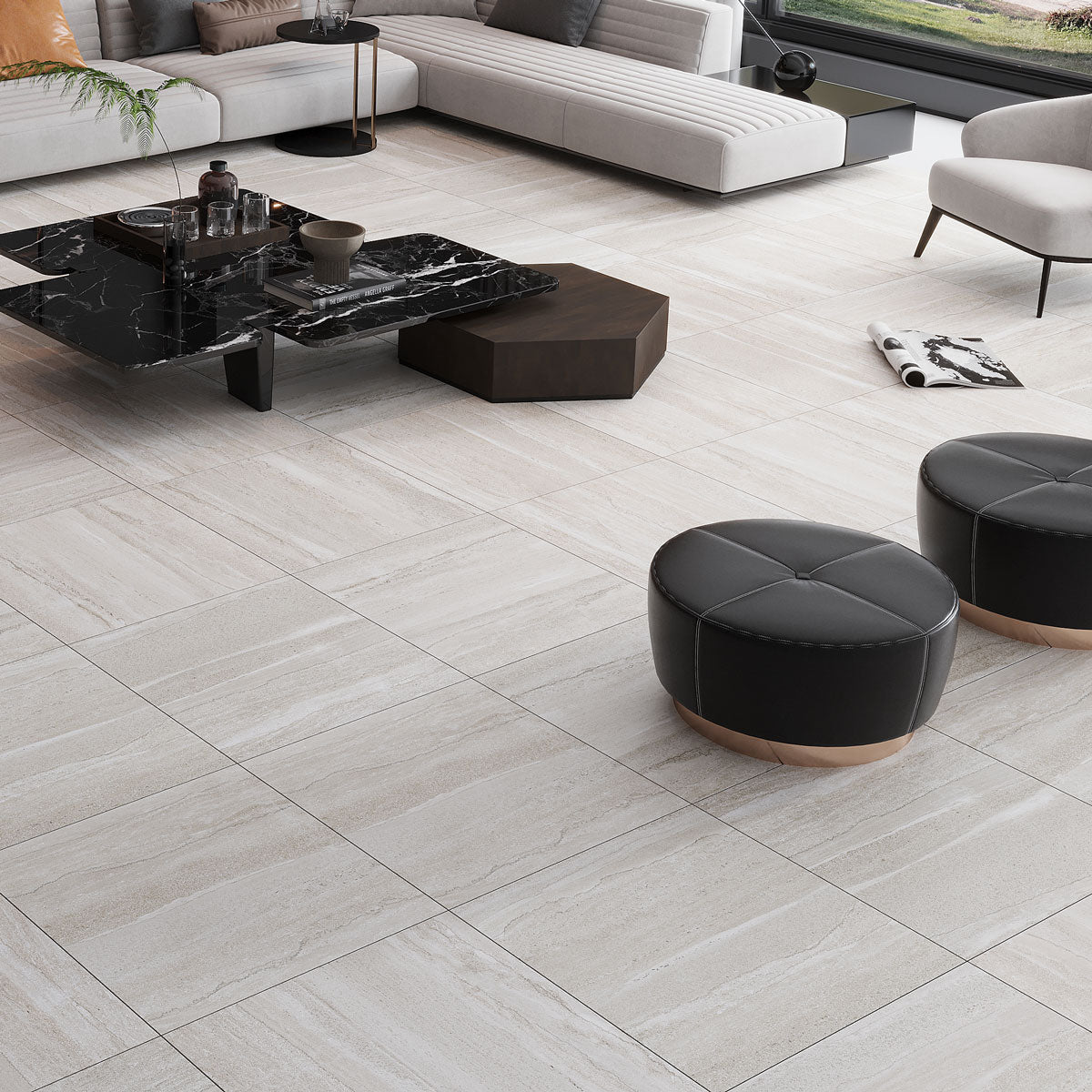Large-format porcelain tile floor in a commercial interior