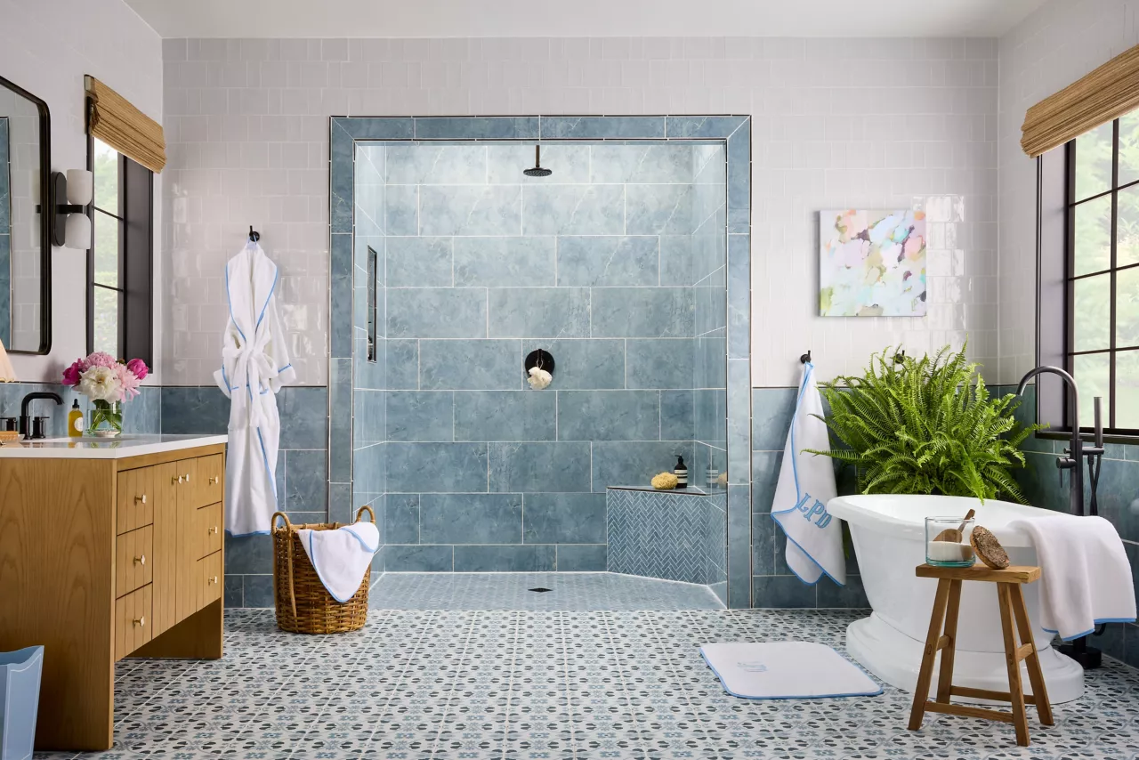 Bathroom tile installation with detailed tiled shower wall